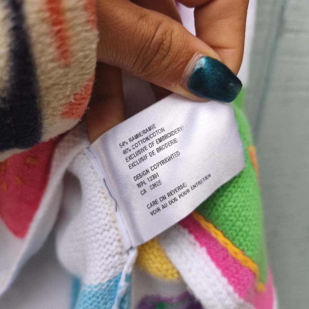 Vintage Northern Isles Checkerboard Beach Print Cardigan sz L Ivory Pink Multi - Picture 7 of 11